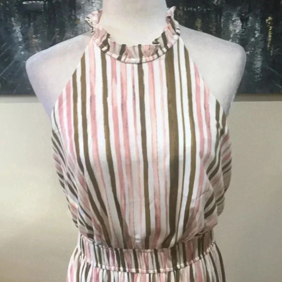 Nine West Striped Elastic Waist Halter Ruffle Neck Fully Lined Maxi-Size M - Picture 5 of 8